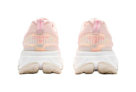Women's low-top running shoes, pink and white, padded heel with branding on back