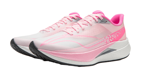 Pink running shoe front view with white laces, gray midsole, pink accent details