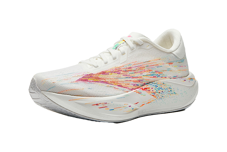 Women’s running shoes, white lace-up upper with colorful streaks and cushioned sole