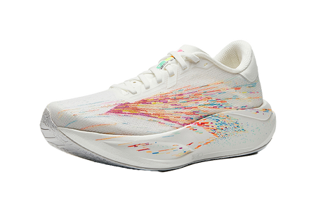 Women’s running shoes, white lace-up upper with colorful streaks and cushioned sole