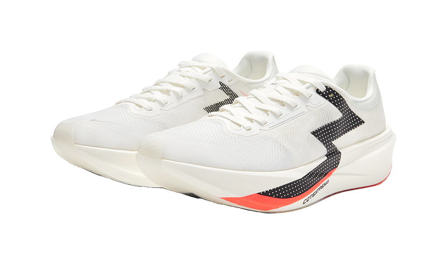 Pair of unisex low running shoes in white with black logo and orange outsole stripe