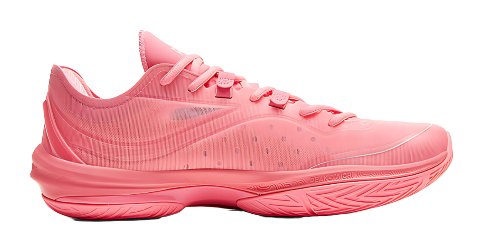 Red basketball shoe side view with textured upper and molded logo
