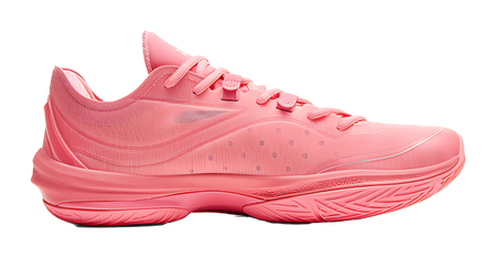 Red basketball shoe side view with textured upper and molded logo