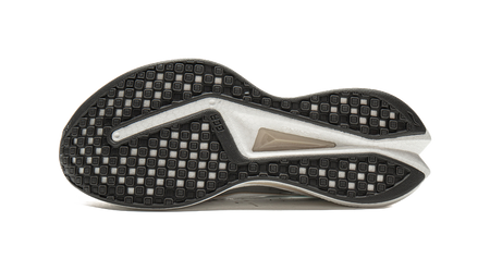 Running shoe outsole with black tread pattern and gray support panel, underside view.