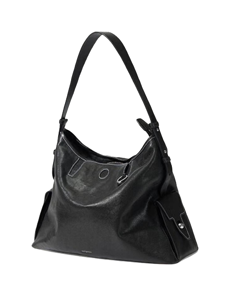 Black leather hobo shoulder bag with curved top, crossbody strap, and gold hardware