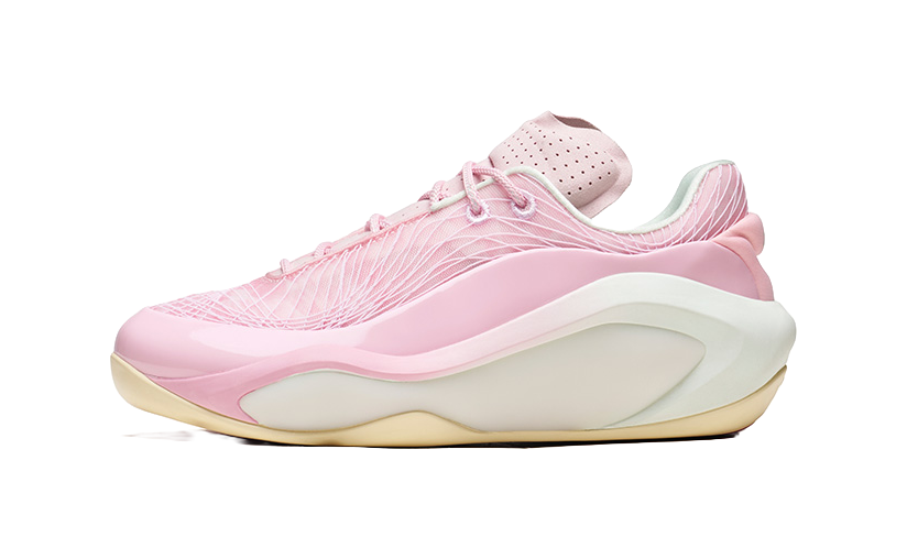 Men's bubble gum pink basketball shoe, lace-up side profile