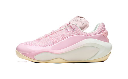 Men's bubble gum pink basketball shoe, lace-up side profile