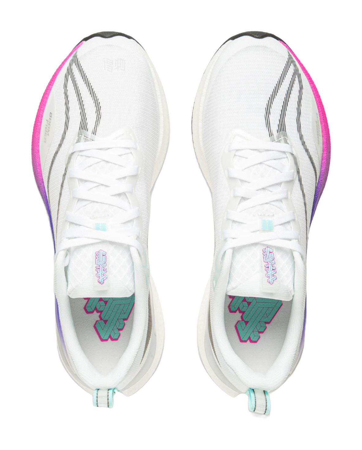 Pair of white running shoes with lace-up front and purple trim at heel