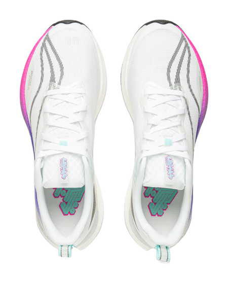 Pair of white running shoes with lace-up front and purple trim at heel