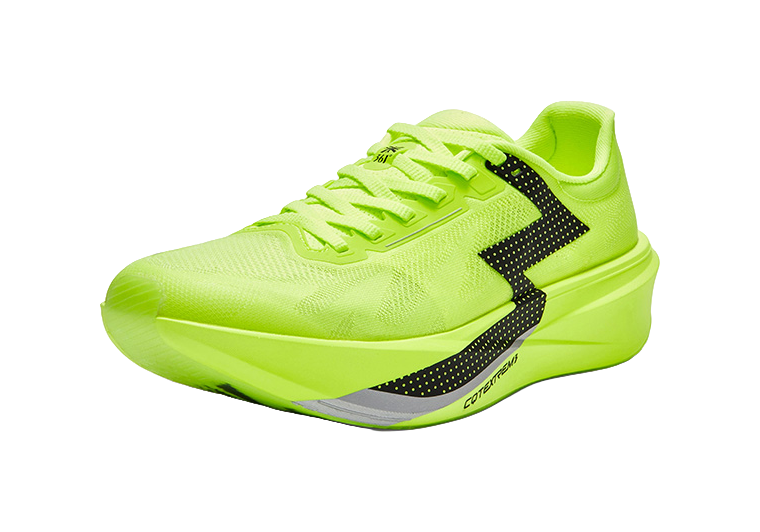 Neon yellow lace-up low-top running shoes with black side panel and cushioned sole