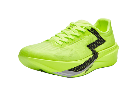 Neon yellow lace-up low-top running shoes with black side panel and cushioned sole