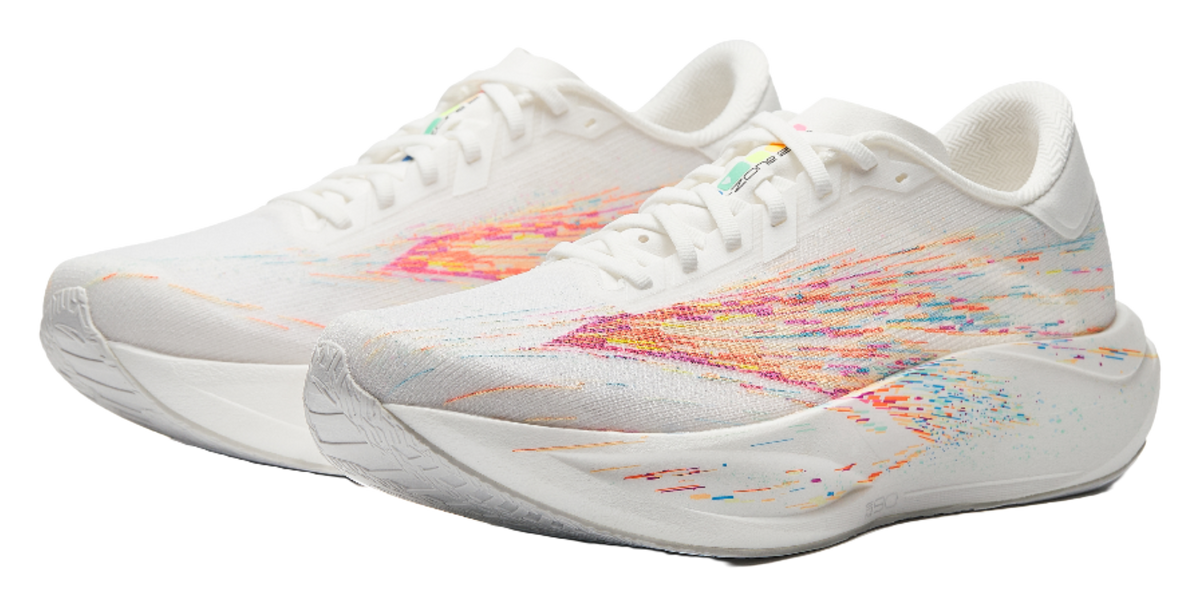 White running shoe with multicolor graphic upper and padded lace-up collar