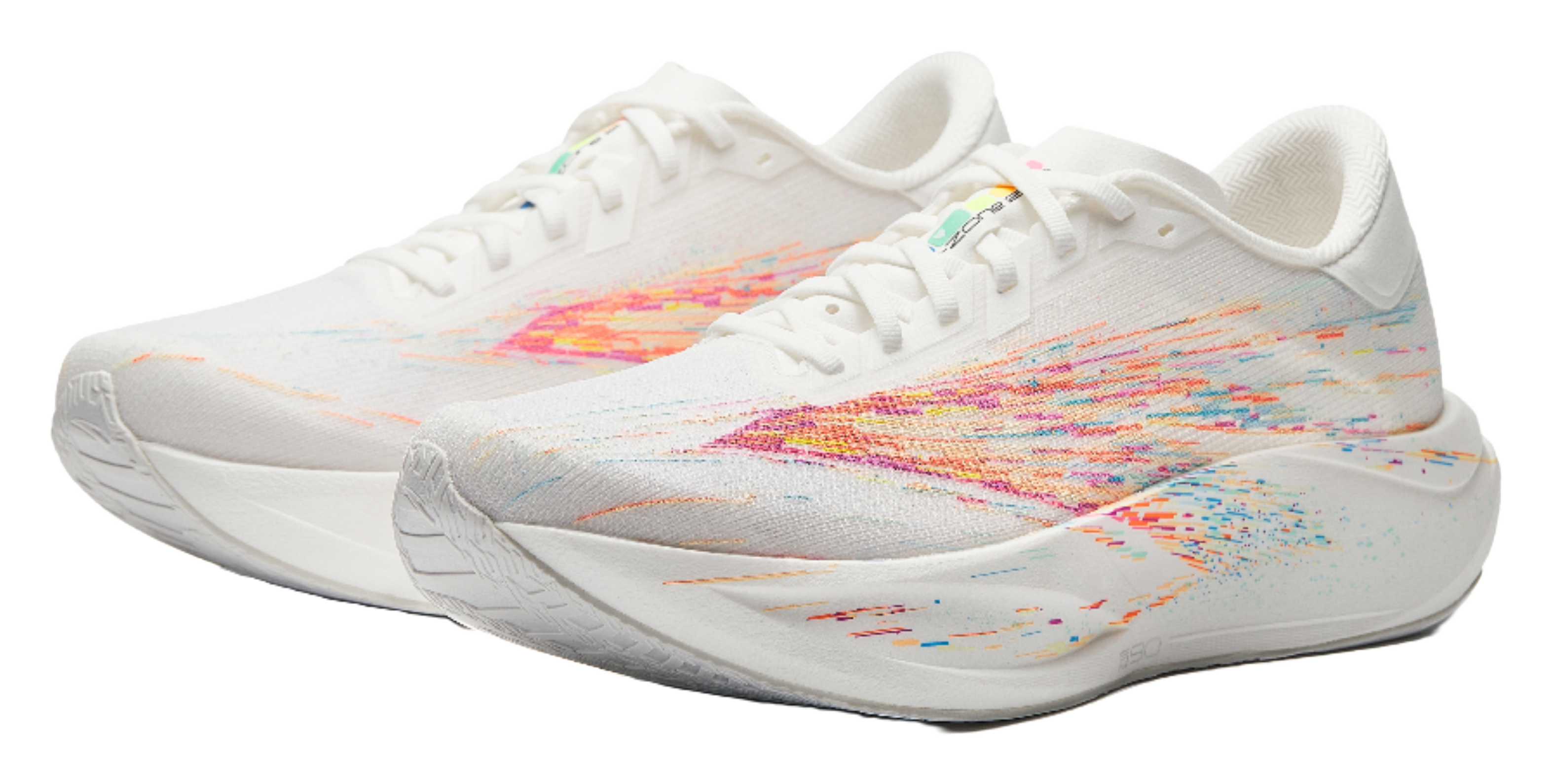 White running shoe with multicolor graphic upper and padded lace-up collar