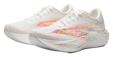 White running shoe with multicolor graphic upper and padded lace-up collar