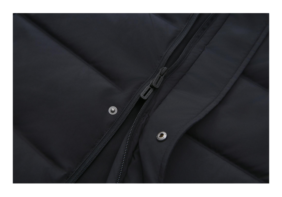 Black long down jacket front close-up of zipper and snap buttons
