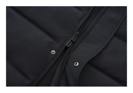 Black long down jacket front close-up of zipper and snap buttons