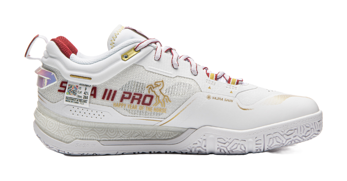 White and red badminton shoe side view with cushioned sole and ankle collar