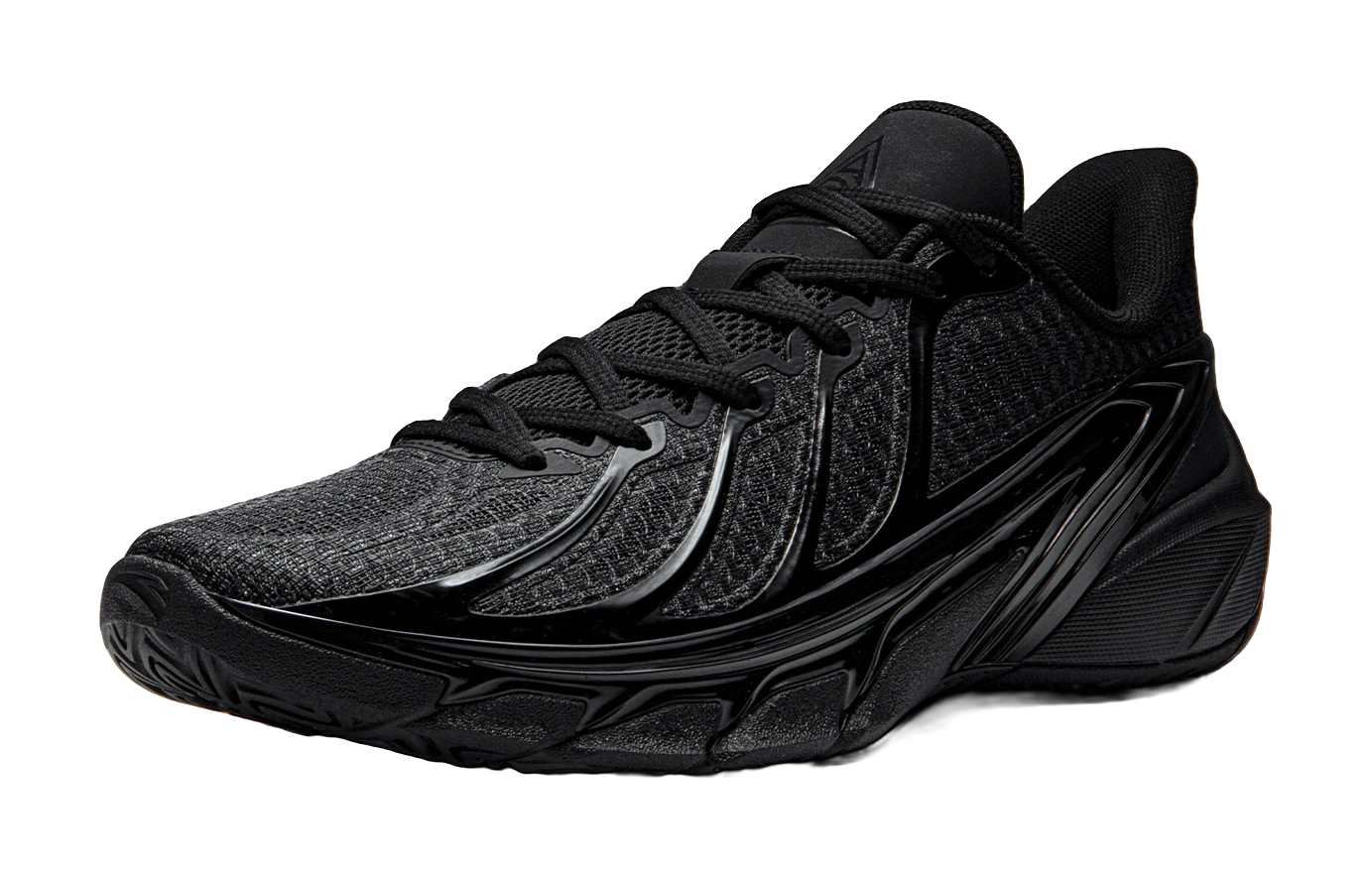Black low-top basketball shoes with textured knit upper and lace-up front