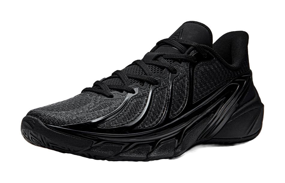 Black low-top basketball shoes with textured knit upper and lace-up front