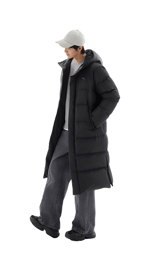 Unisex black hooded long down puffer jacket, side view