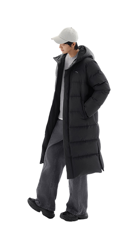 Unisex black hooded long down puffer jacket, side view