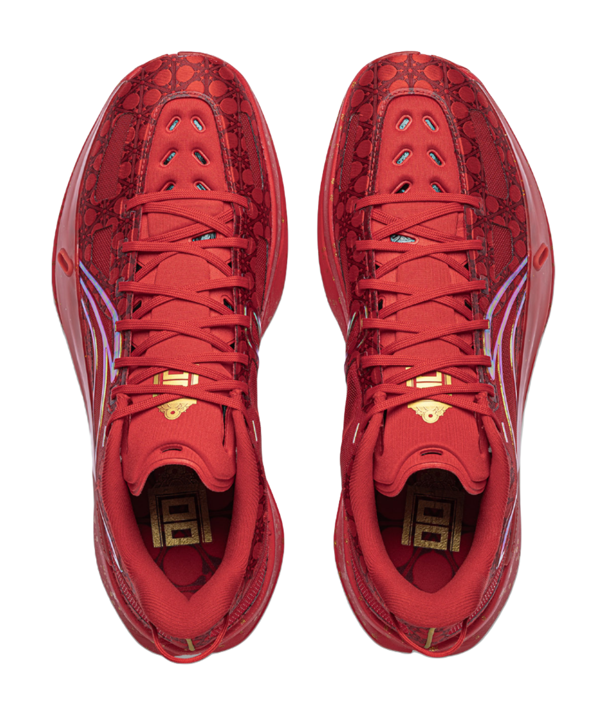 Pair of unisex red low basketball shoes, lace-up fronts with tongue padding