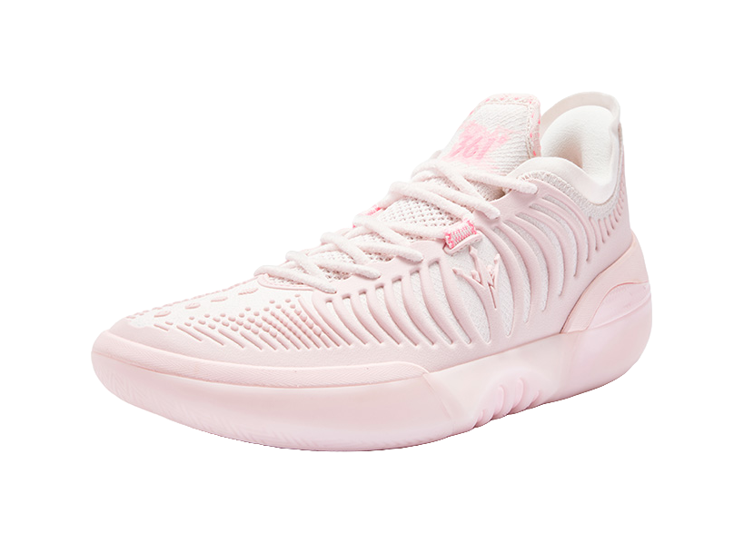 Light pink basketball shoe, side profile with ribbed upper and lace-up
