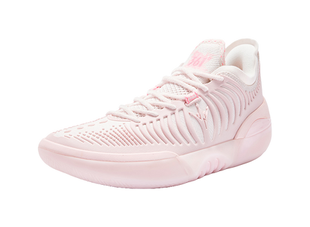 Light pink basketball shoe, side profile with ribbed upper and lace-up