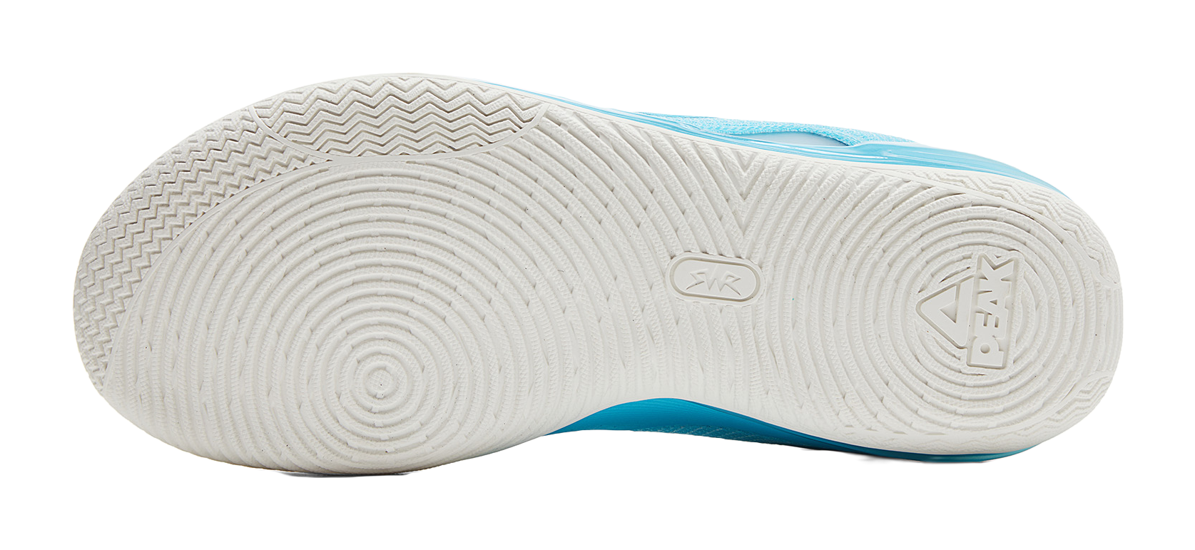 White outsole with blue edge and basketball tread pattern