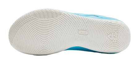 White outsole with blue edge and basketball tread pattern