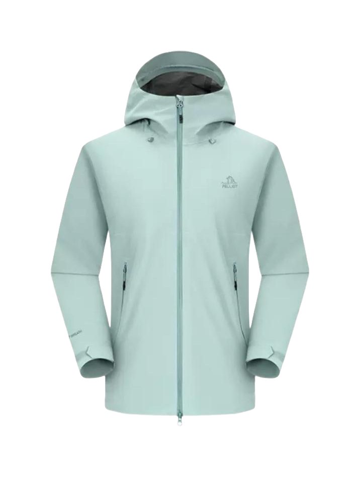 Unisex rock shell hard shell windbreaker jacket with attached hood, zip front, light blue.