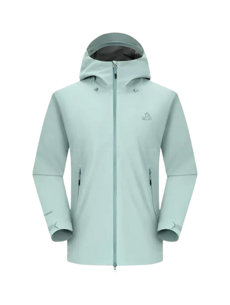 Unisex rock shell hard shell windbreaker jacket with attached hood, zip front, light blue.