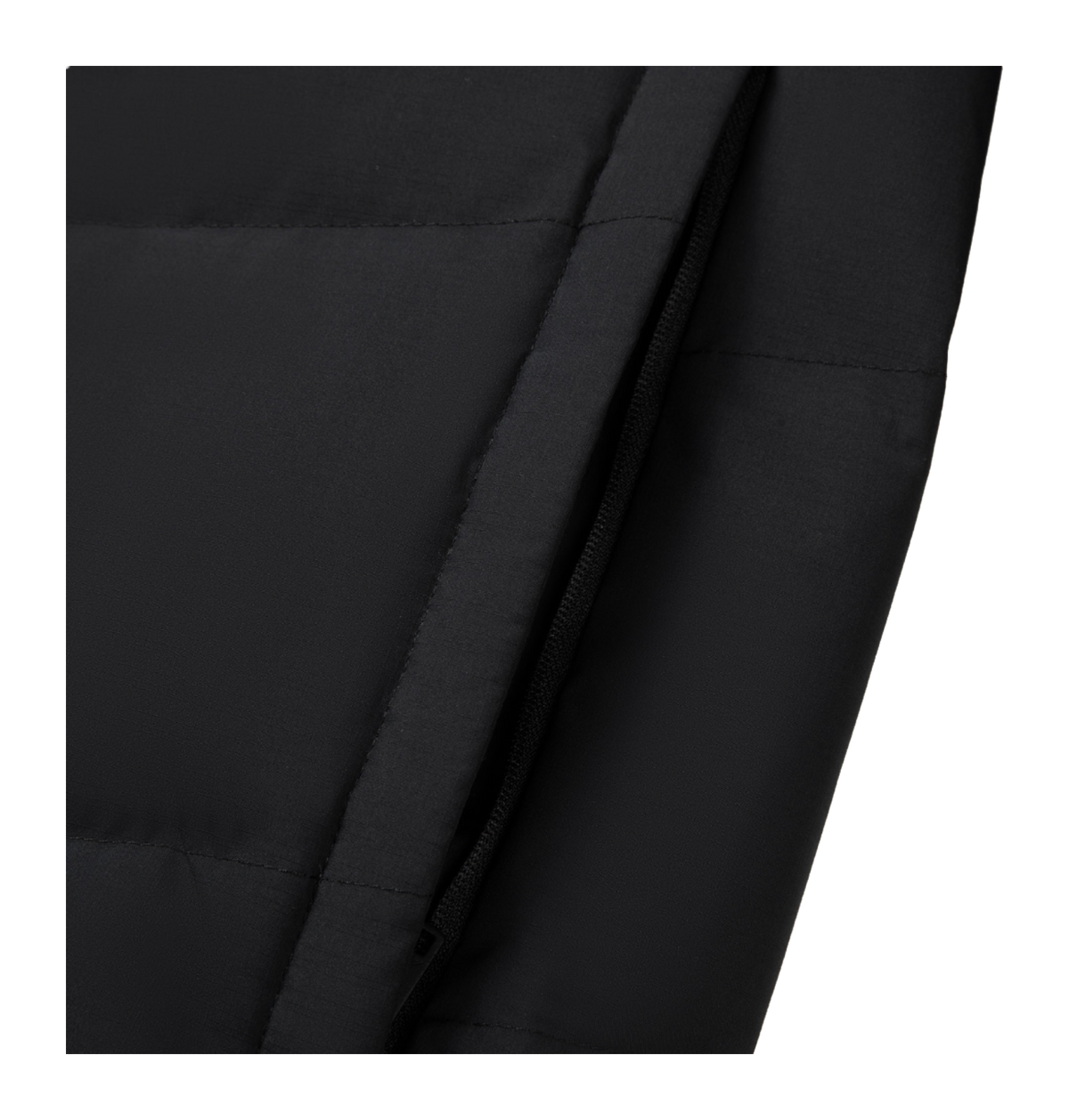 Black down jacket sleeve seam with zipper trim and stitched panels