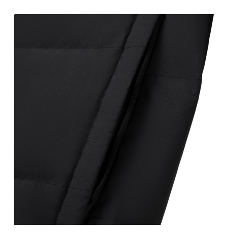 Black down jacket sleeve seam with zipper trim and stitched panels