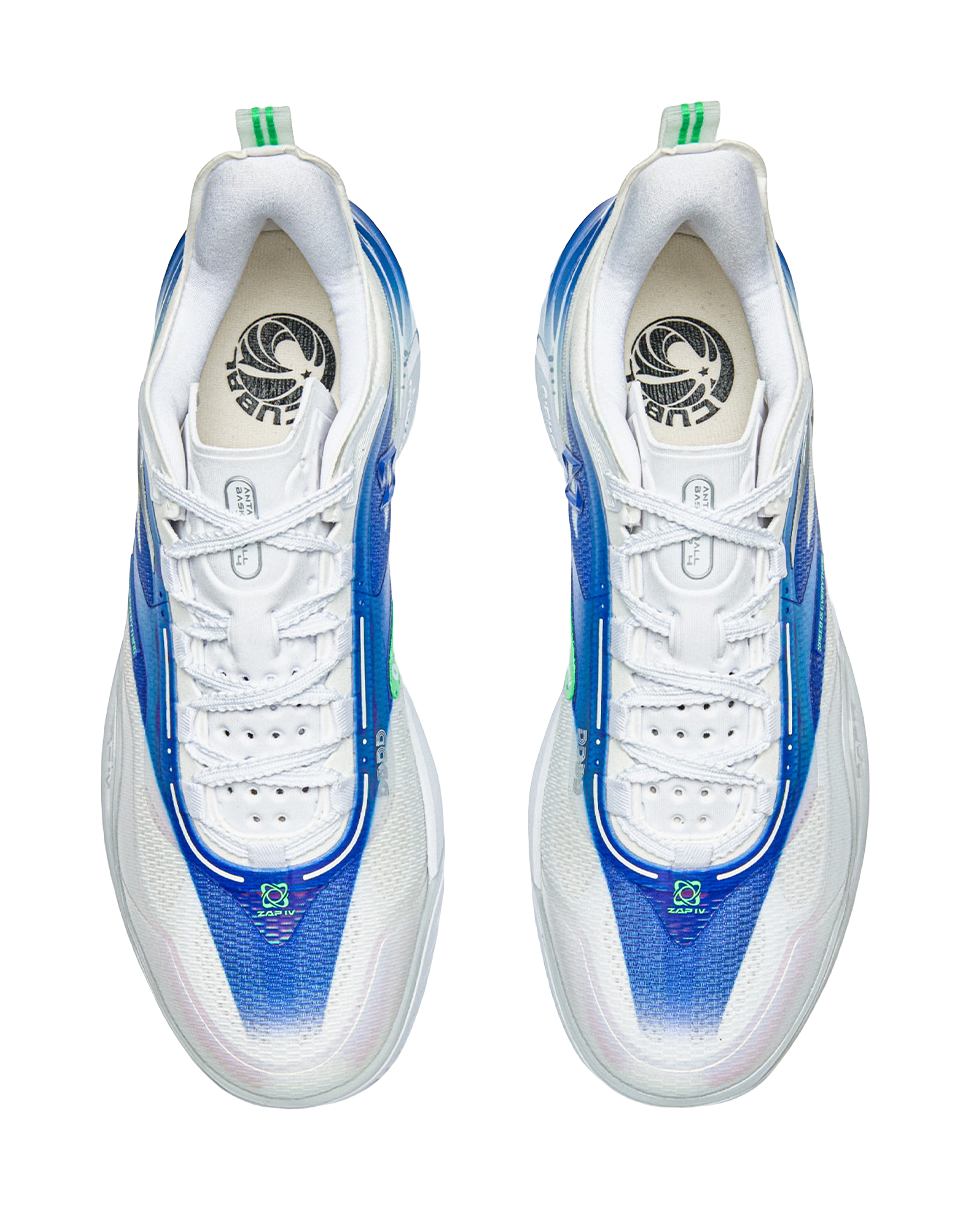 Pair of white and blue basketball shoes with lace closures and interior logo
