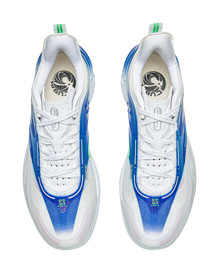 Pair of white and blue basketball shoes with lace closures and interior logo