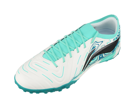 Unisex soccer cleat with teal laces, white panels, black side graphic, TF