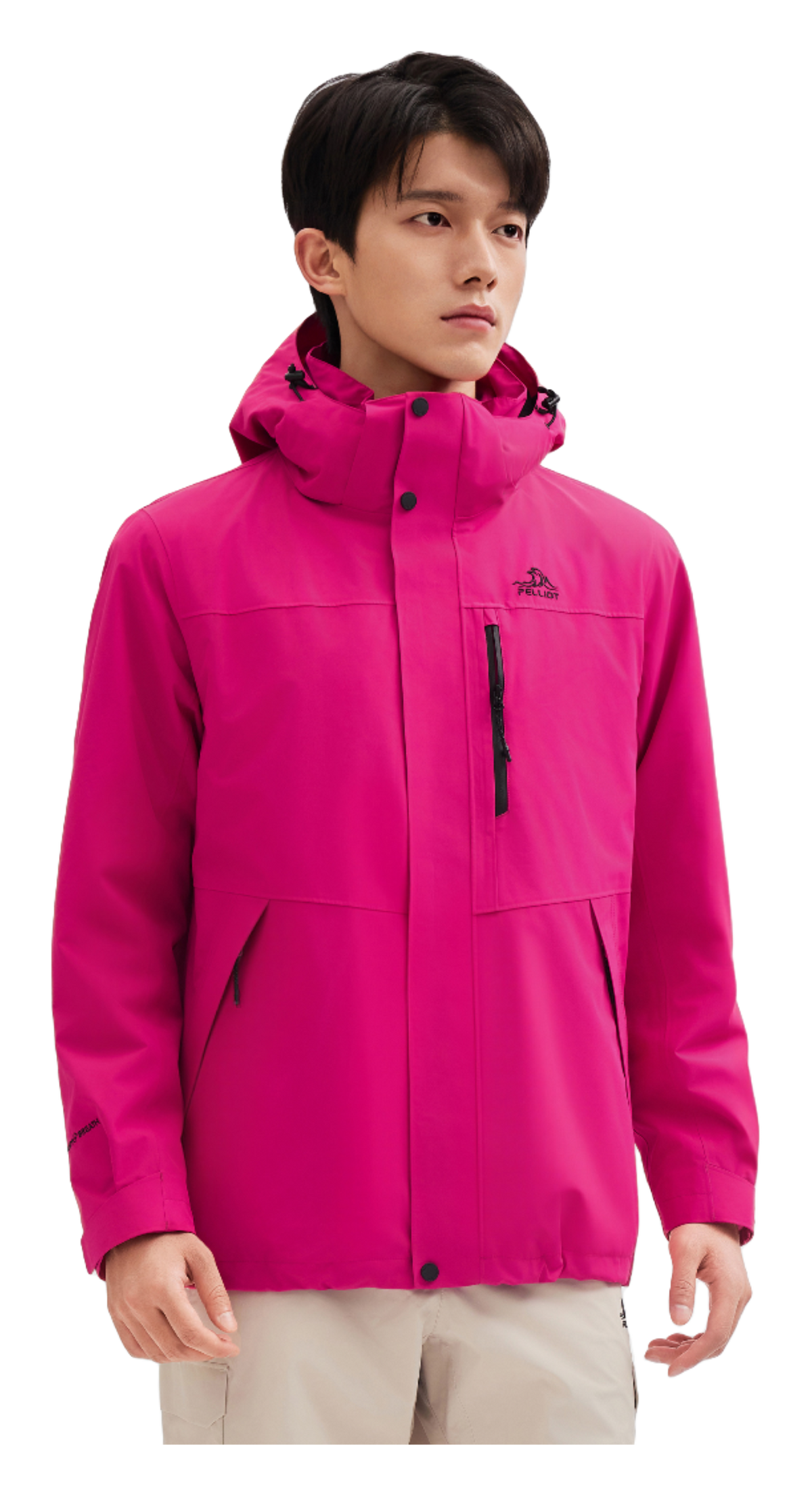 Men's magenta windbreaker jacket with stand collar, zip front, and flap pocket