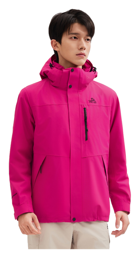 Men's magenta windbreaker jacket with stand collar, zip front, and flap pocket