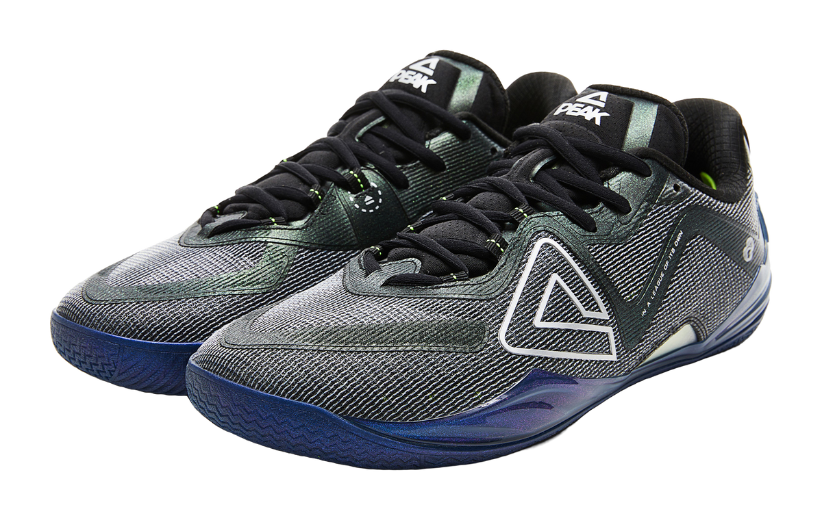 PEAK branded basketball shoes, black and teal mesh upper with white logo and blue sole