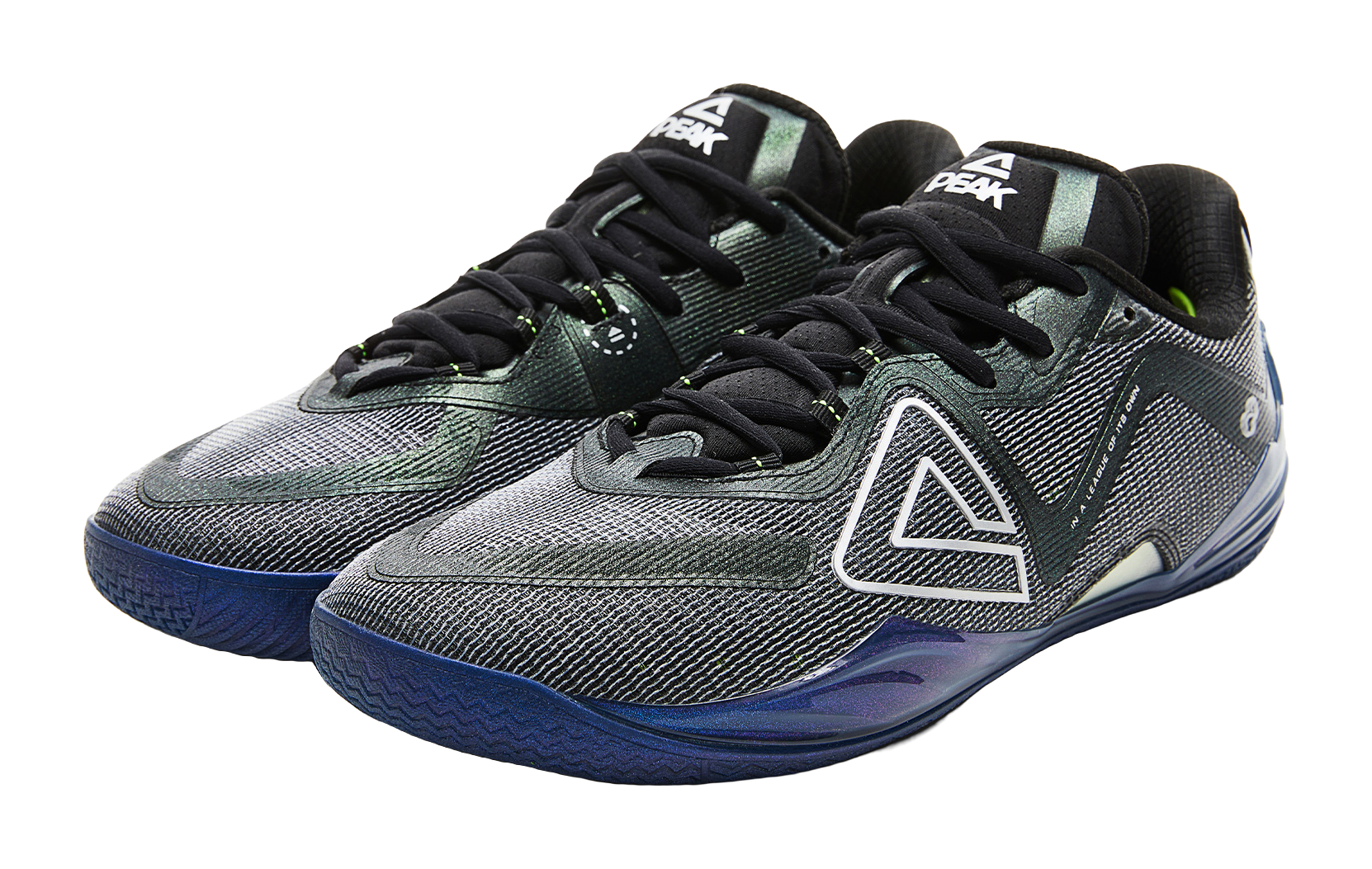 PEAK branded basketball shoes, black and teal mesh upper with white logo and blue sole