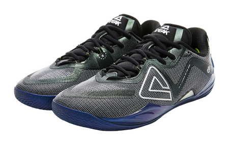 PEAK branded basketball shoes, black and teal mesh upper with white logo and blue sole