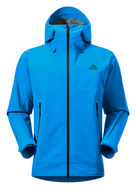 Unisex hard shell windbreaker jacket in bright blue with hood and full front zipper