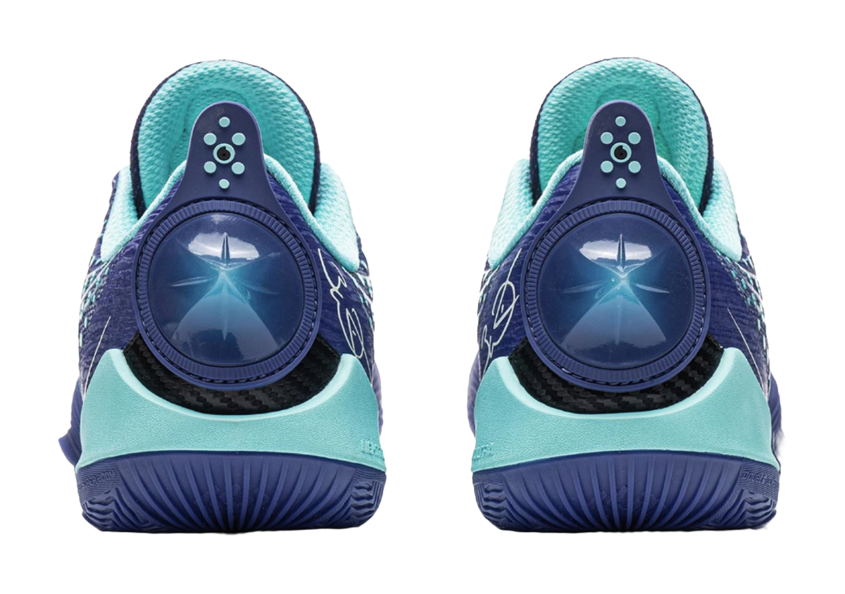 Men's low-top basketball shoes, rear pair view, aqua heel with navy traction sole