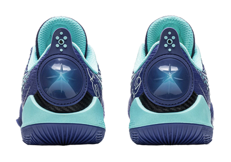 Men's low-top basketball shoes, rear pair view, aqua heel with navy traction sole