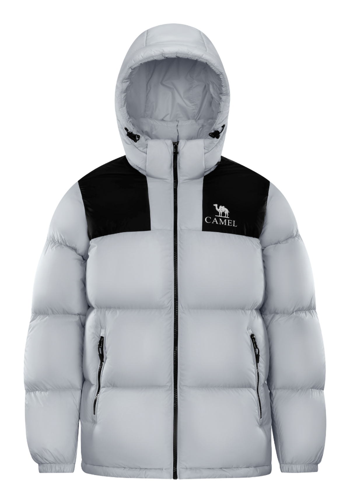Unisex hooded puffer down jacket in white with black chest panel and front zipper