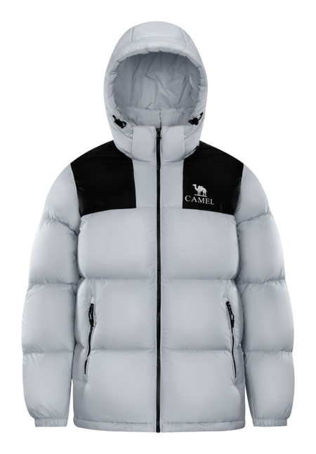 Unisex hooded puffer down jacket in white with black chest panel and front zipper