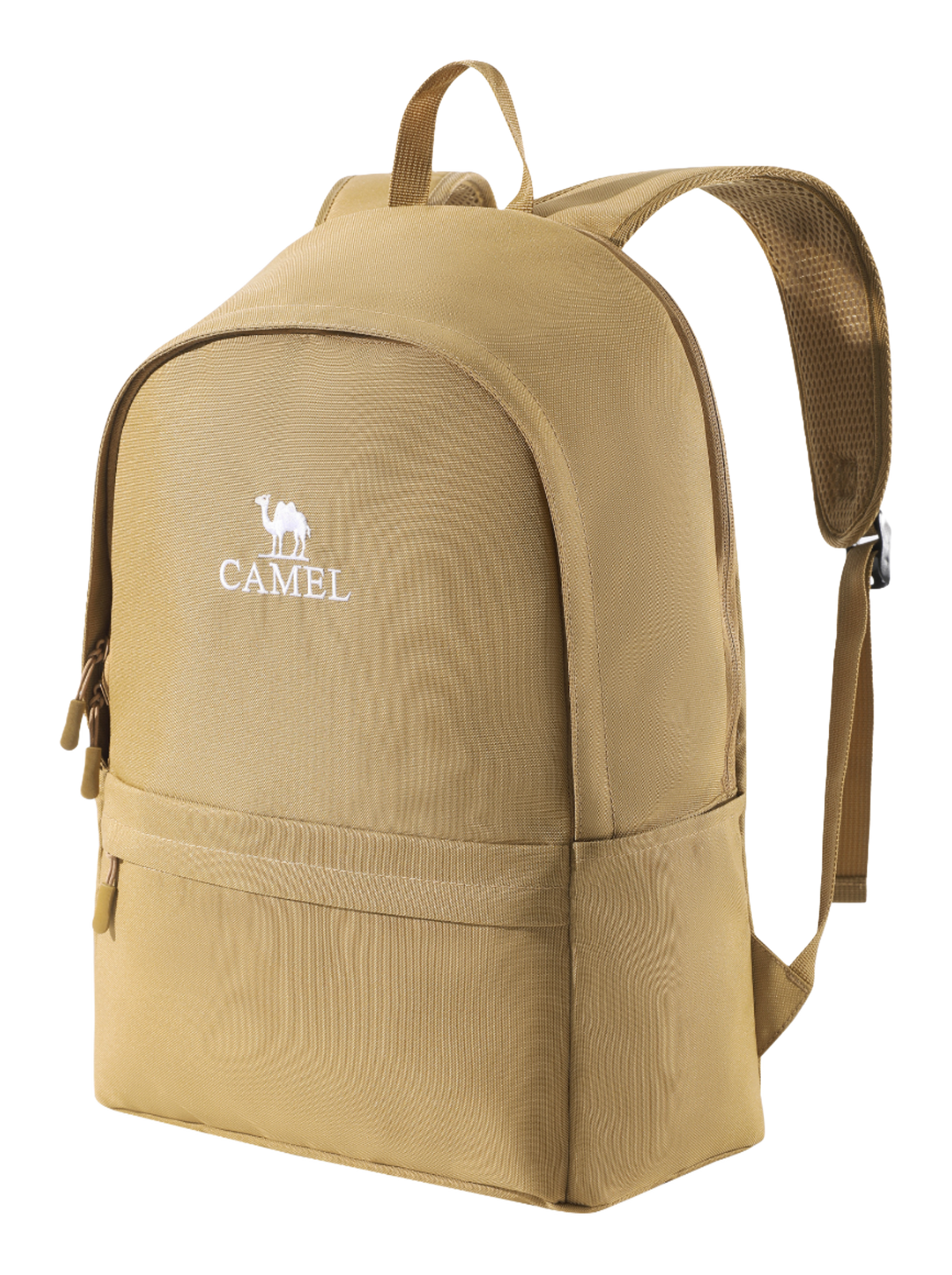 CAMEL 18L outdoor backpack in khaki, front logo, side view, zip pocket, shoulder strap