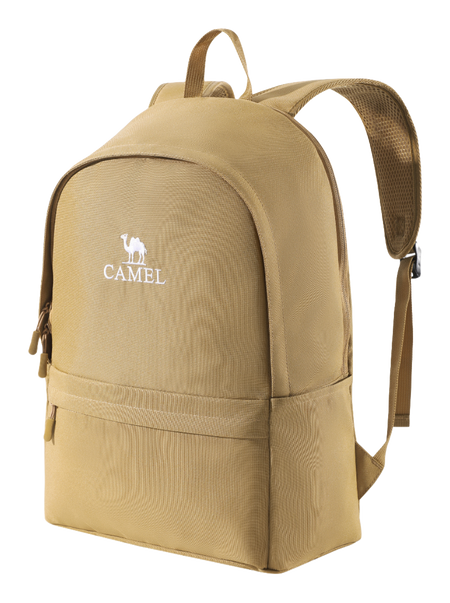 CAMEL 18L outdoor backpack in khaki, front logo, side view, zip pocket, shoulder strap