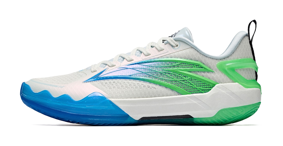 Men's low-top basketball shoes, white upper with blue and green accents, lace-up.